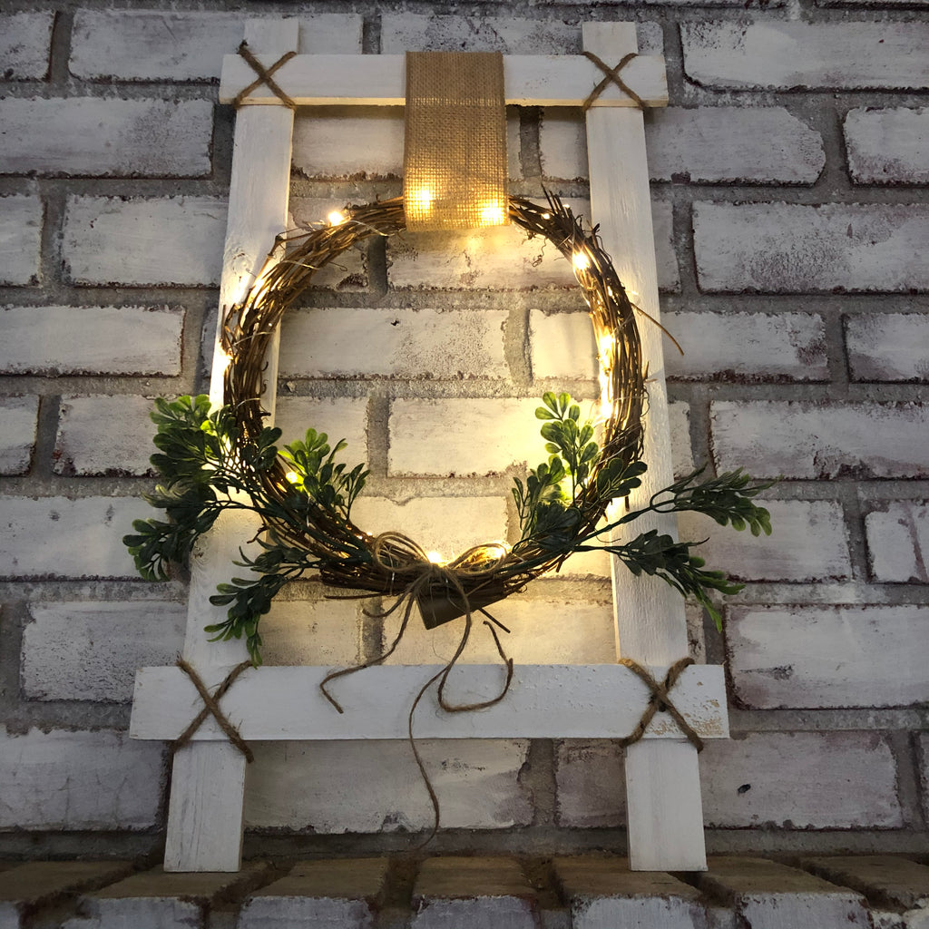 Lighted Farmhouse Wreath Ladder - An Elegant Expression, LLC
