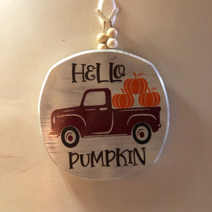 Hello Pumpkin Red Truck Fall Wooden Front door Plaque - An Elegant Expression, LLC