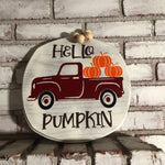 Hello Pumpkin Red Truck Fall Wooden Front door Plaque - An Elegant Expression, LLC