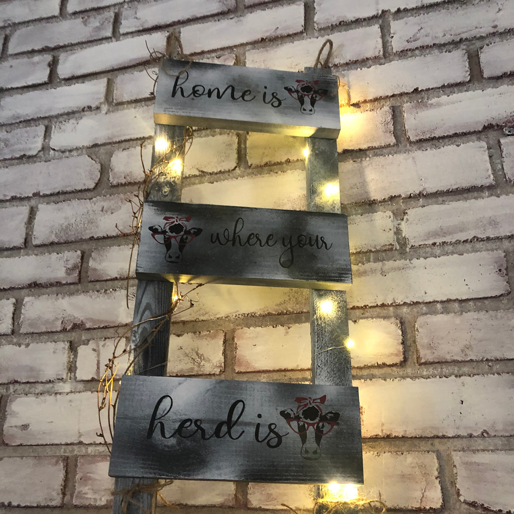 Home is where your Herd  is White Washed Lighted Ladder - An Elegant Expression, LLC